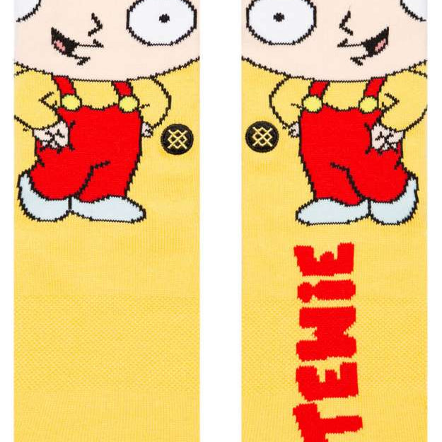Stance Stewie Crew Sock 2024 - A cartoon character with blonde hair and red overalls is printed on a yellow background.