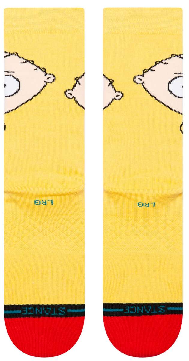 Stance Stewie Crew Sock 2024 - A pair of crew socks featuring an image of Stewie Griffin from Family Guy on a yellow background.