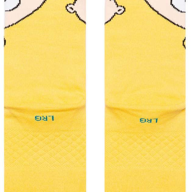 Stance Stewie Crew Sock 2024 - A pair of crew socks featuring an image of Stewie Griffin from Family Guy on a yellow background.