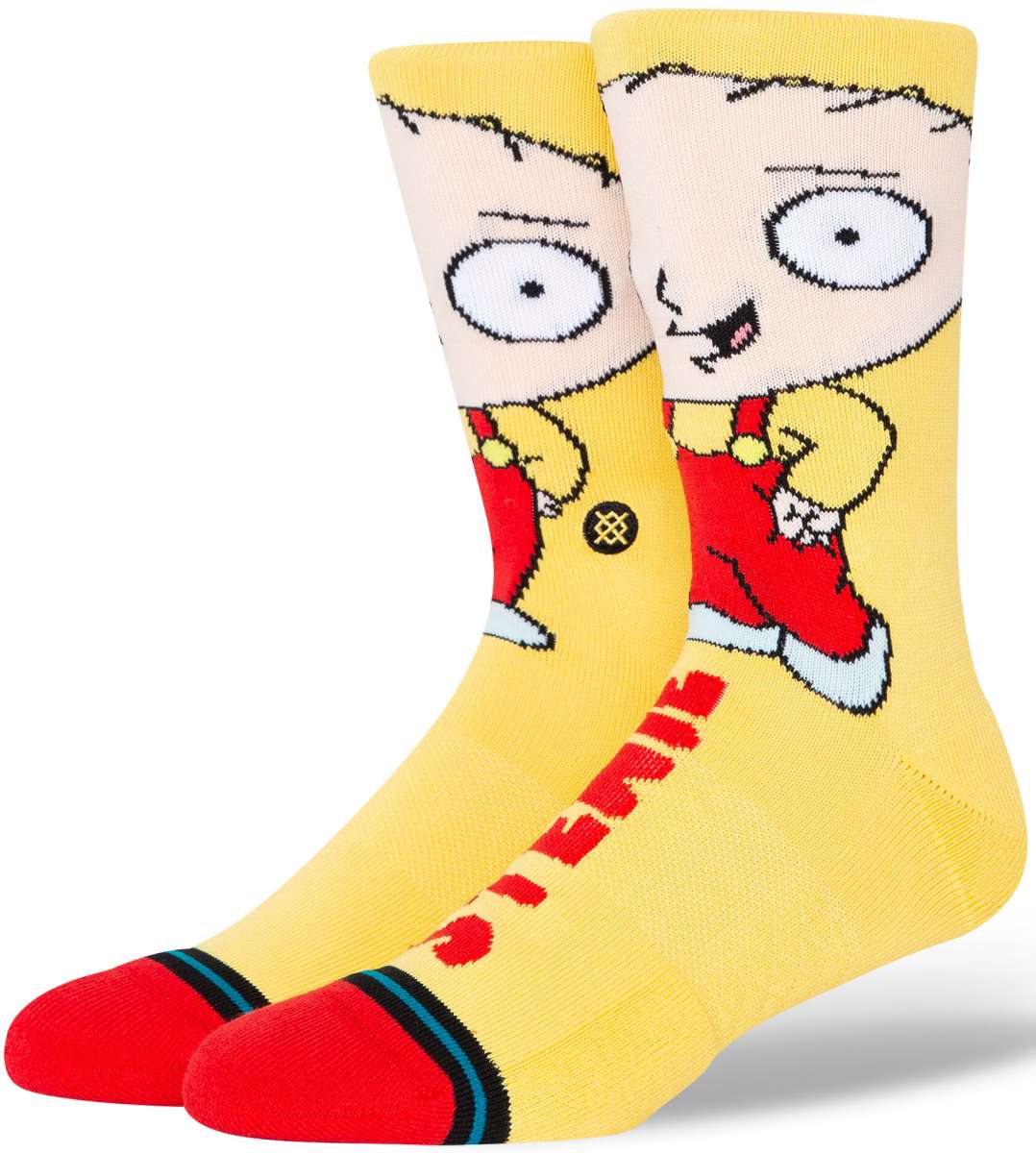 Stance Stewie Crew Sock 2024 - A pair of crew socks featuring an image of Stewie Griffin from Family Guy in a red outfit on a yellow background.