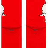 The Dog Crew Sock 2024 - A pair of red crew socks with a white cartoon dog design on the top portion.