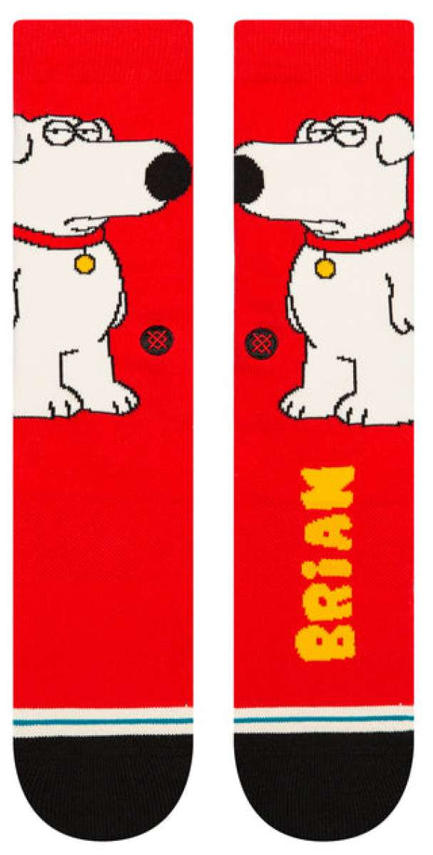 The Dog Crew Sock - A pair of crew socks featuring a cartoon dog wearing glasses and a red collar, set against a solid red background.