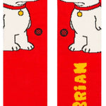 The Dog Crew Sock - A pair of crew socks featuring a cartoon dog wearing glasses and a red collar, set against a solid red background.