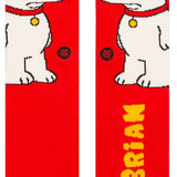 The Dog Crew Sock - A pair of crew socks featuring a cartoon dog wearing glasses and a red collar, set against a solid red background.