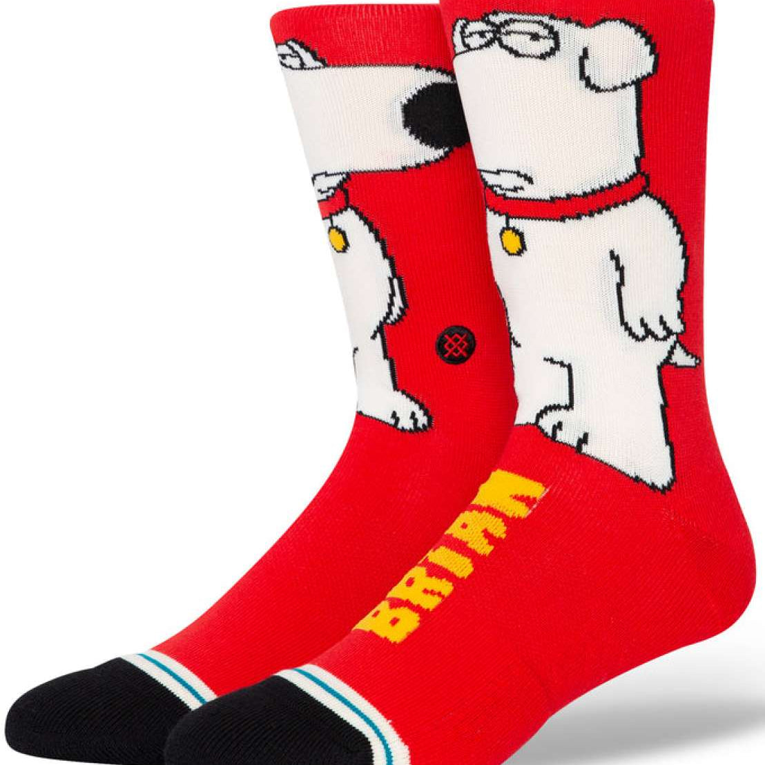 Stance The Dog Crew Sock 2024 - A pair of crew socks featuring a white cartoon dog wearing glasses and a red collar, set against a solid red background.