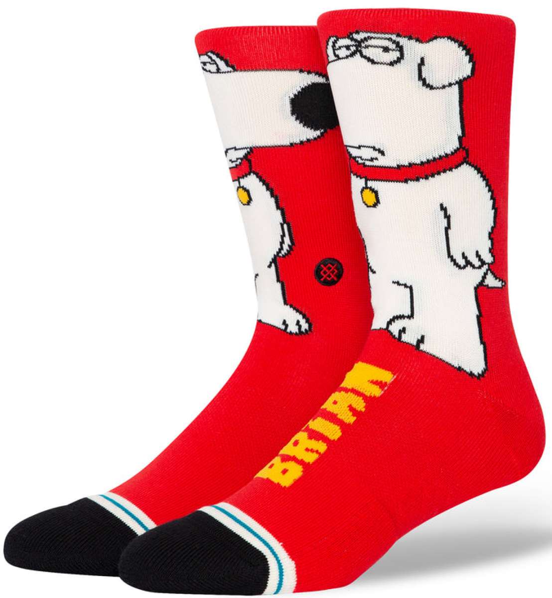 Stance The Dog Crew Sock 2024 - A pair of crew socks featuring a white cartoon dog wearing glasses and a red collar, set against a solid red background.