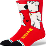 Stance The Dog Crew Sock 2024 - A pair of crew socks featuring a white cartoon dog wearing glasses and a red collar, set against a solid red background.