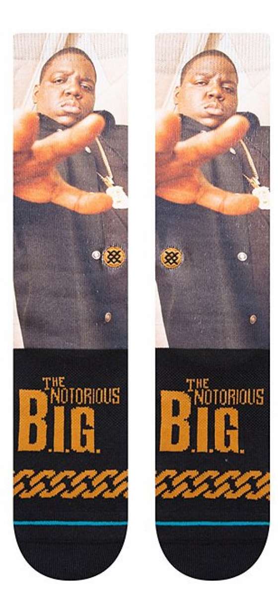 Stance The King of New York Crew Socks 2023 - White crew socks with a black and gold graphic of Notorious B.I.G.'s face on the top.