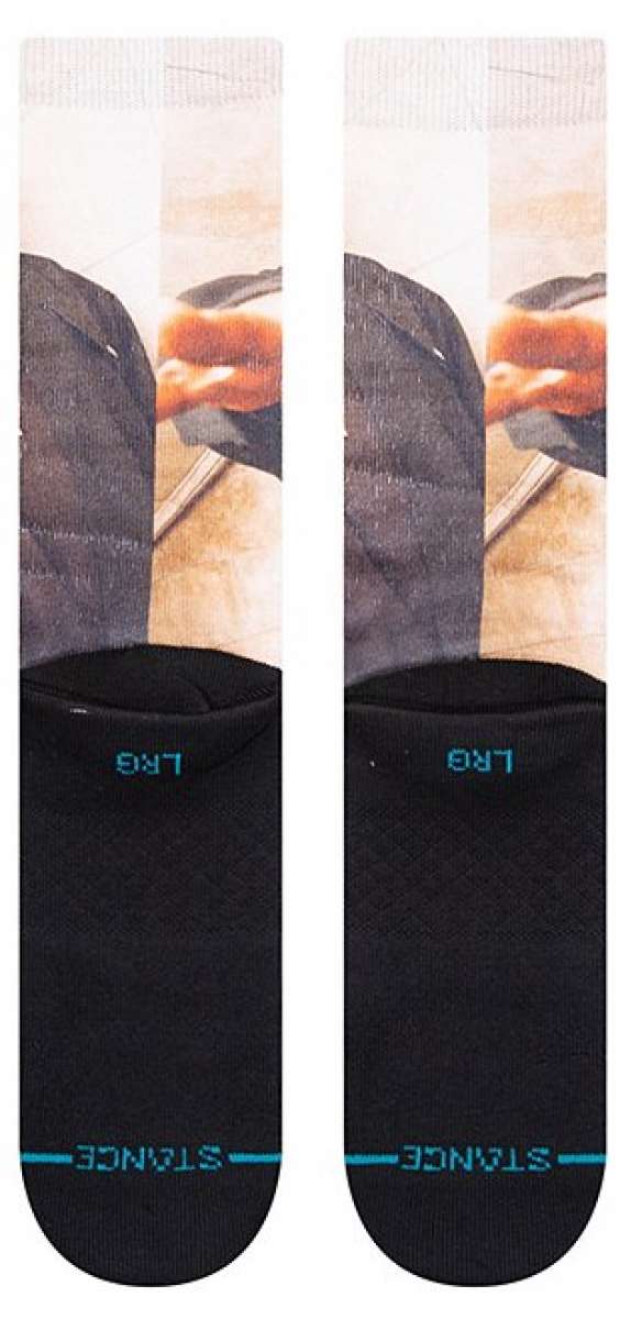 Stance The King of New York Crew Socks 2023 - A pair of crew socks with a photo of a man wearing a black suit and tie, holding an orange baseball bat.