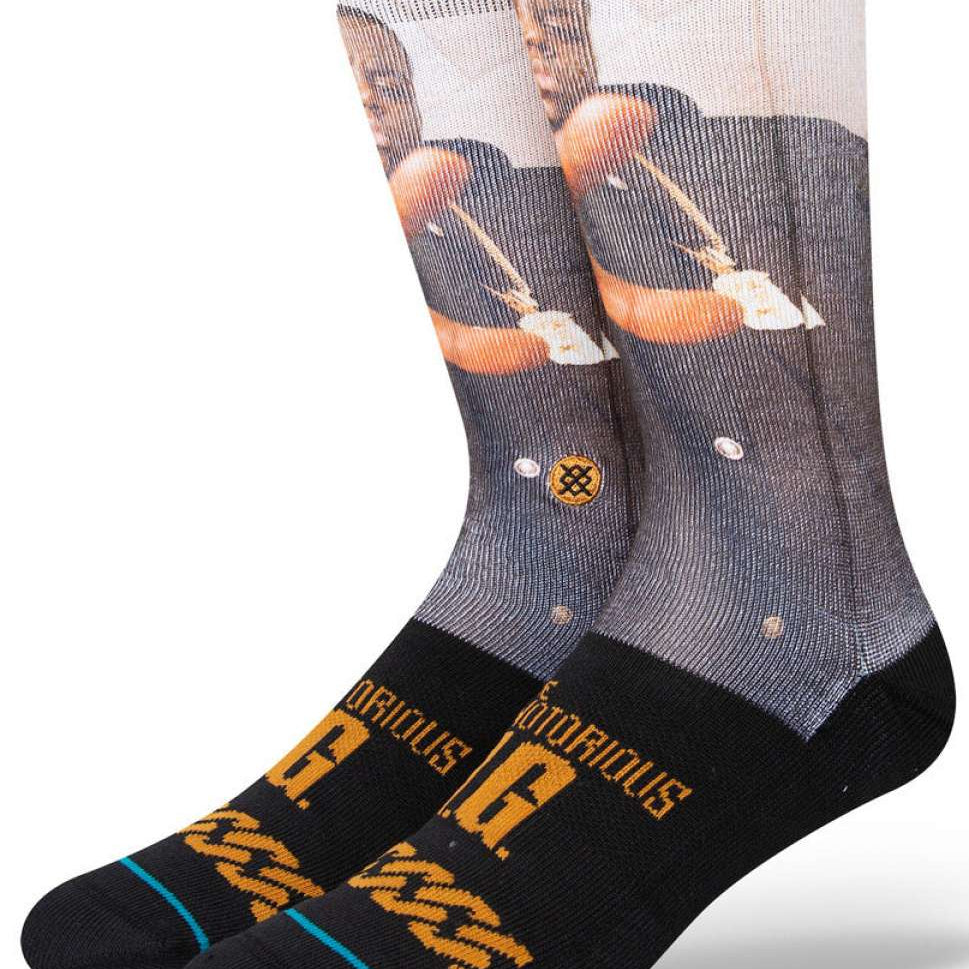 Stance - The King of New York crew sock with a black and white photo of a man in a suit on the top portion.