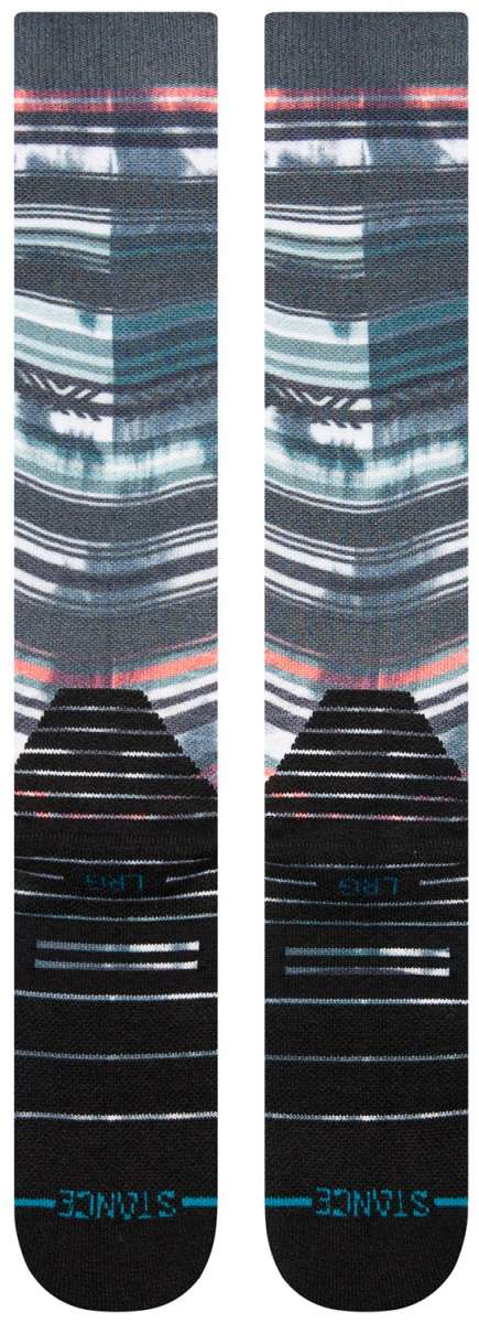 Stance Traditions Snow Crew Sock 2024 - A pair of crew-length socks with a repeating pattern of snowflakes and trees in shades of blue, white, and gray.