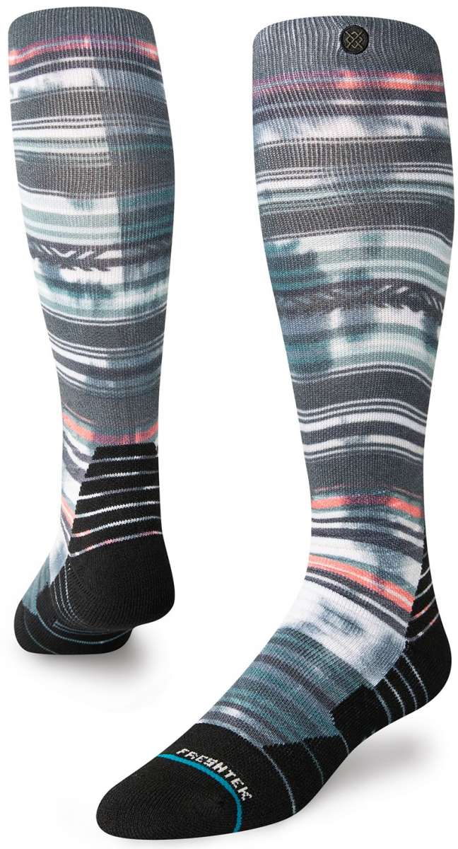 Stance Traditions Snow Crew Sock 2024 - A pair of gray snowboard crew socks with a repeating pattern of white, blue, and red stripes.