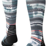 Stance Traditions Snow Crew Sock 2024 - A pair of gray snowboard crew socks with a repeating pattern of white, blue, and red stripes.