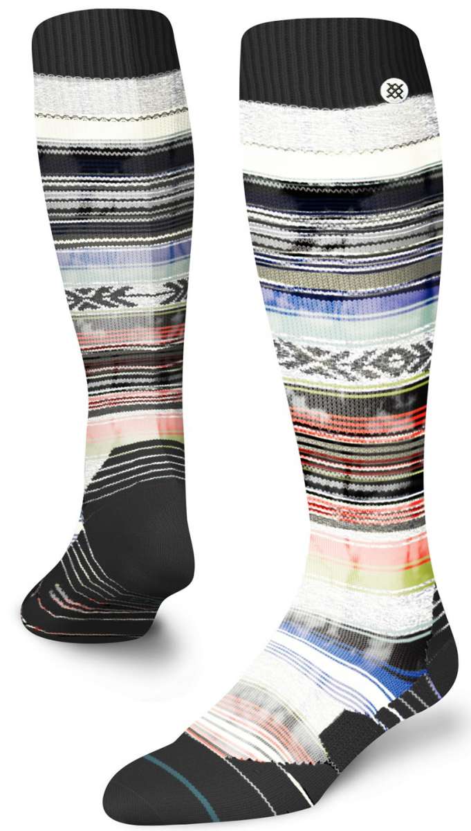Stance Traditions Snow Sock 2023 - A pair of snow socks with a multicolored pattern featuring shades of blue, red, and green stripes on a white background.