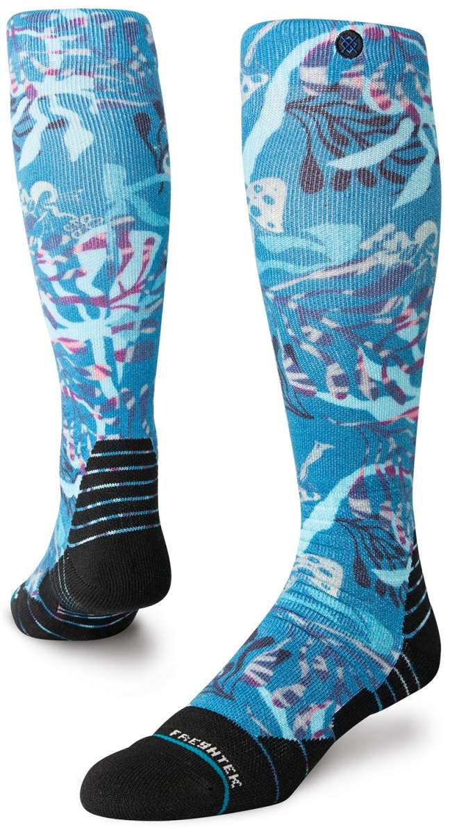 Stance Trooms Snow Sock 2024 - A pair of knee-high snow socks with a light blue background and white, pink, and purple abstract floral pattern.