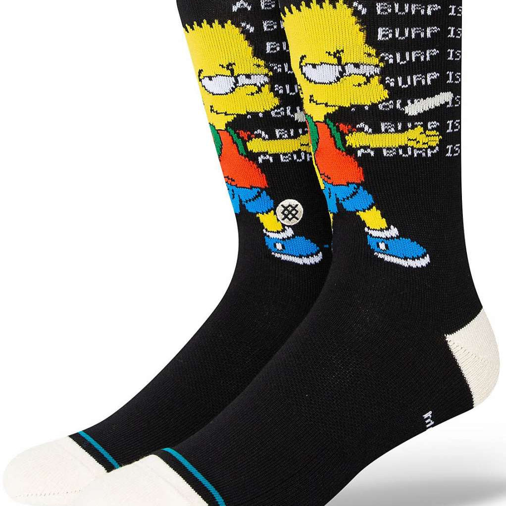 Stance Troubled Crew Sock 2023 - A black crew sock with a distressed, pixelated Bart Simpson design and white trim at the top.