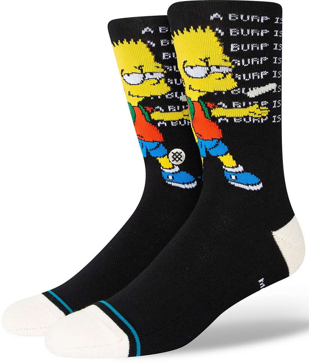Stance Troubled Crew Sock 2023 - A black crew sock with a distressed, pixelated Bart Simpson design and white trim at the top.