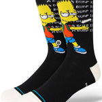 Stance Troubled Crew Sock 2023 - A black crew sock with a distressed, pixelated Bart Simpson design and white trim at the top.