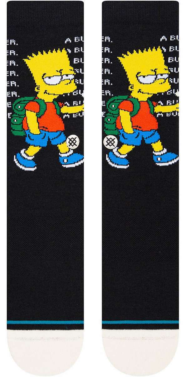 Stance Troubled Crew Sock 2023 - A pair of black crew socks with a distressed, cartoon-style design featuring Bart Simpson from The Simpsons.