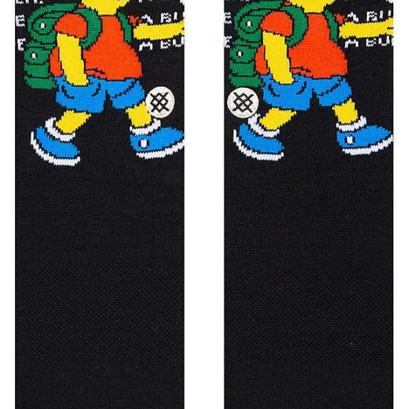 Stance Troubled Crew Sock 2023 - A pair of black crew socks with a distressed, cartoon-style design featuring Bart Simpson from The Simpsons.