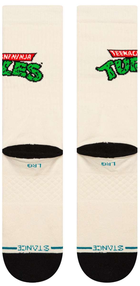Stance Turtles Crew Sock 2024 - White crew socks with green "Teenage Mutant Ninja Turtles" logo on top of foot.