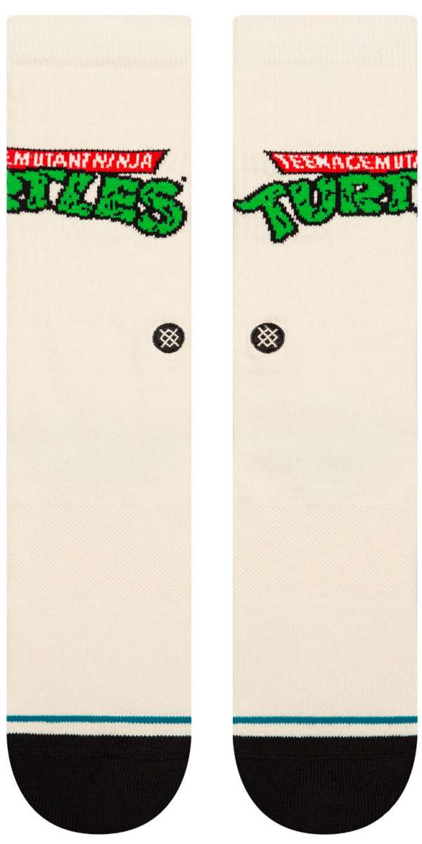 Stance Turtles Crew Sock 2024 - A pair of white crew socks with green "TURTLES" logo on top and red "TMUTANT NINJA" logo above it.