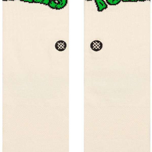 Stance Turtles Crew Sock 2024 - A pair of white crew socks with green "TURTLES" logo on top and red "TMUTANT NINJA" logo above it.