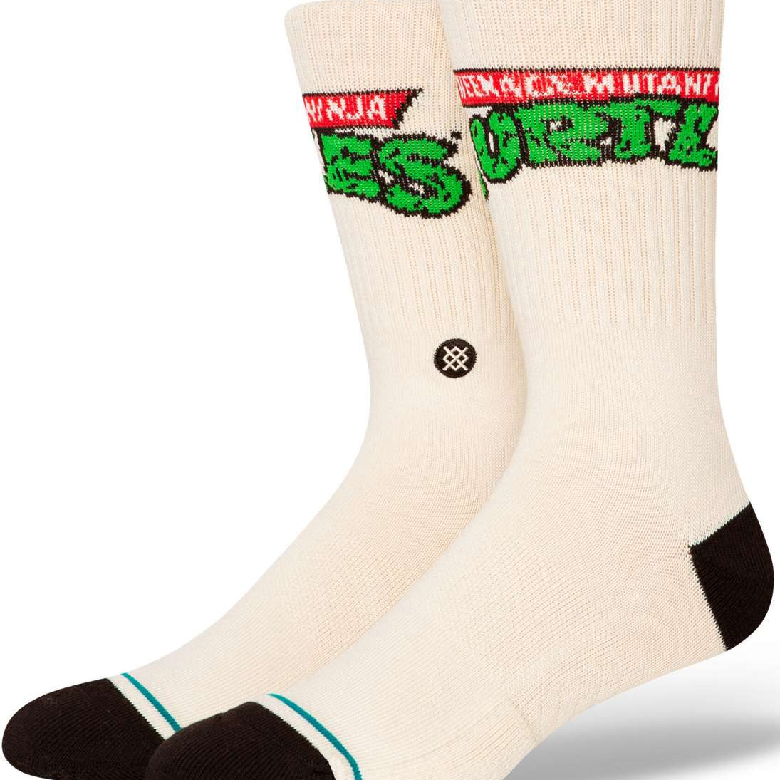Stance Turtles Crew Sock 2024 - Green Ninja Turtles logo on top of a white crew sock with green accents and black heel and toe.