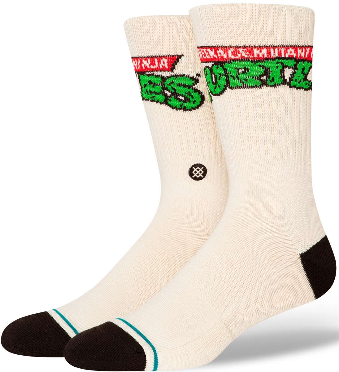 Stance Turtles Crew Sock 2024 - Green Ninja Turtles logo on top of a white crew sock with green accents and black heel and toe.