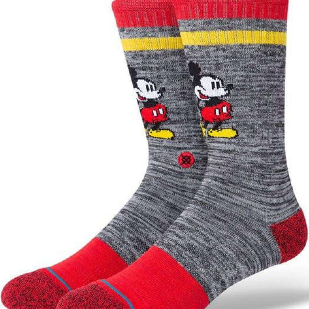 Stance Vintage Disney 2020 Crew Sock - A gray crew sock with a repeating pattern of Mickey Mouse in red shorts and yellow shoes.