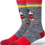 Stance Vintage Disney 2020 Crew Sock - A gray crew sock with a repeating pattern of Mickey Mouse in red shorts and yellow shoes.