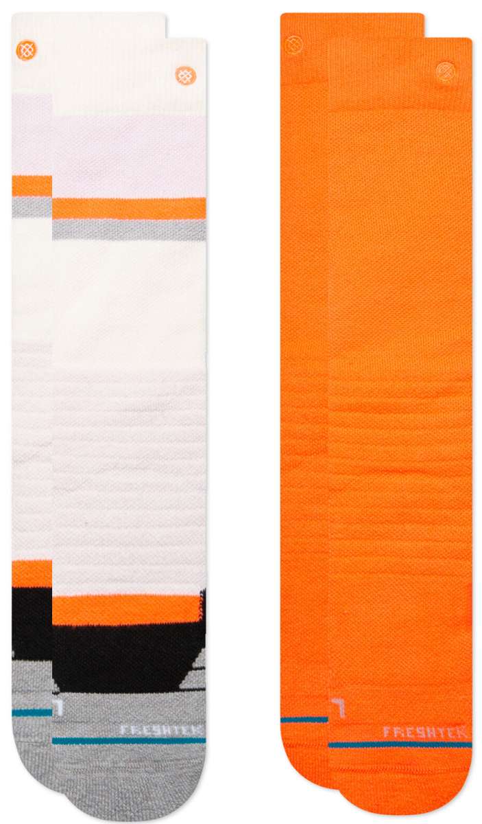 Stance Work It Snow 2 Pack SB Sock 2024 - White socks with orange and gray stripes on top, black heel and toe sections.