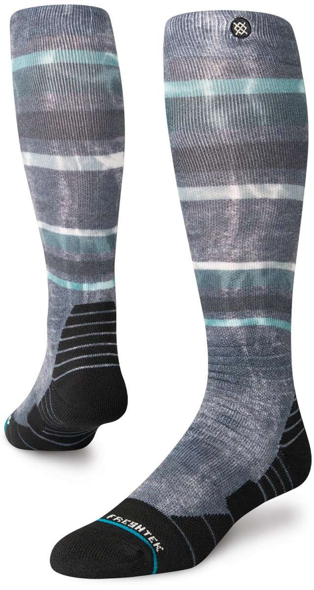 Stance - White crew socks with blue snowboard graphics on top of a gray background.