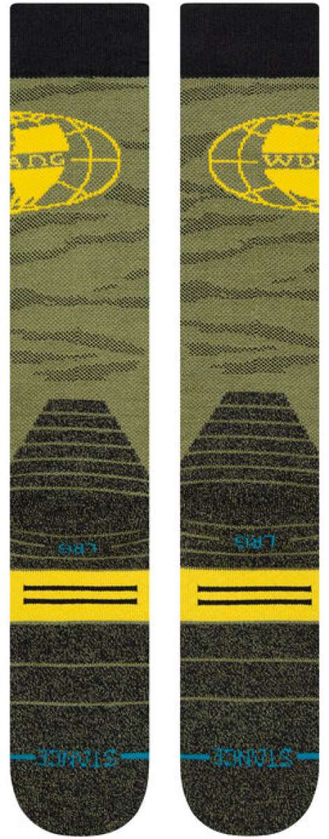 Stance WU TANG World Snowboard Socks 2023 - Black socks with yellow Wu-Tang logo on top and blue accents around the ankle.