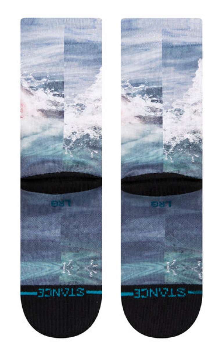 Stance Kids' Shark Week Crew Socks 2023 - A pair of crew socks with a shark design on them, featuring a blue and white color scheme.