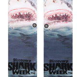 Stance Kids' Shark Week Crew Socks 2023 - A pair of crew socks with a shark design on them, featuring a large shark's head and teeth in shades of gray and white.