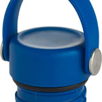 Hydro Flask Standard Mouth Flex Cap - A blue cap with a flexible handle that can be bent into different shapes, featuring white lettering on the top of the handle.