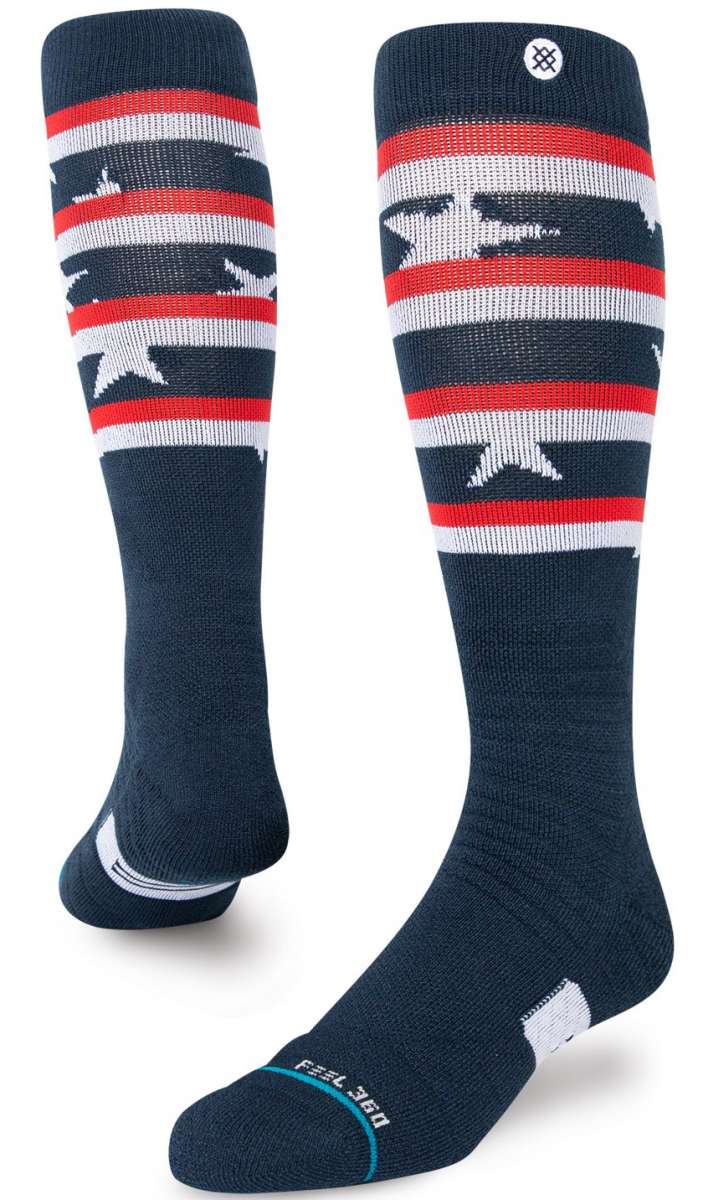 Stance Land Of The Free Socks 2023 - Red, white and blue stripes with stars on top of navy background.