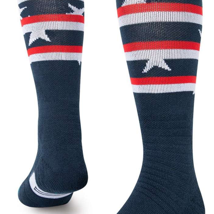 Stance Land Of The Free Socks 2023 - Red, white and blue stripes with stars on top of navy background.
