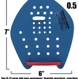 Strokemaker Swim Hand Paddles - A blue plastic hand paddle with a red handle and white circular holes on its surface.