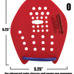 Strokemaker Swim Hand Paddles - Red plastic hand paddles with white dots and a blue handle.