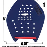Strokemaker Swim Hand Paddles - A blue plastic hand paddle with a textured surface and holes for water flow, featuring a red handle at the bottom.
