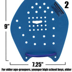 Strokemaker Swim Hand Paddles - Blue paddles with white dots, featuring a purple cord at the bottom.