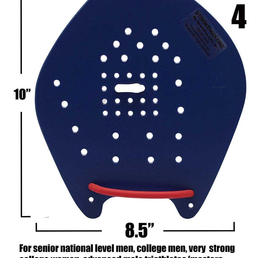 Strokemaker Swim Hand Paddles - A blue plastic hand paddle with a textured surface and holes for water flow, featuring a red cord at the bottom.