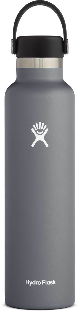 Hydro Flask - A gray water bottle with a black lid, featuring a standard mouth opening and a handle on top.