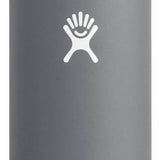 Hydro Flask - A gray water bottle with a black lid, featuring a standard mouth opening and a handle on top.