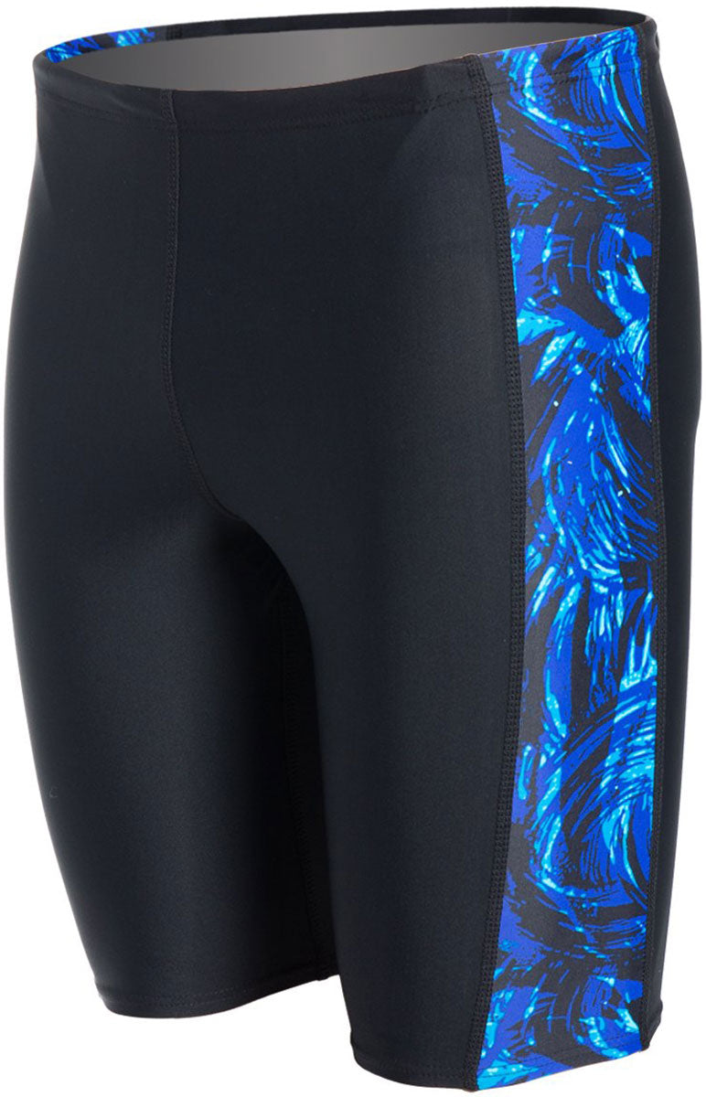 Water Pro Men's Storm Cyclone Jammer Swimsuit - A black swimsuit with a blue and white abstract pattern on the side.