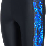 Water Pro Men's Storm Cyclone Jammer Swimsuit - A black swimsuit with a blue and white abstract pattern on the side.