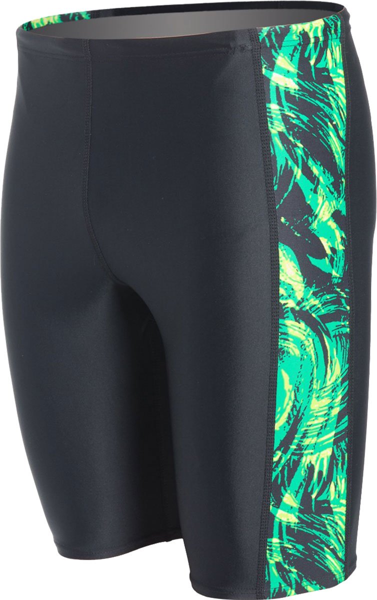 Water Pro Men's Storm Cyclone Jammer Swimsuit - A black swimsuit with a green and yellow abstract pattern on the side.