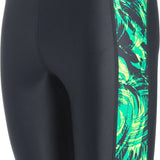 Water Pro Men's Storm Cyclone Jammer Swimsuit - A black swimsuit with a green and yellow abstract pattern on the side.